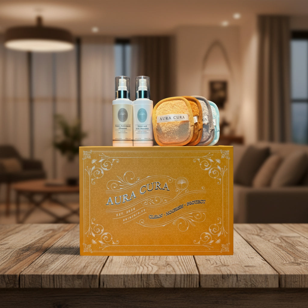 Aura Cura fabirc handbag care products on a decorative box with a gray background