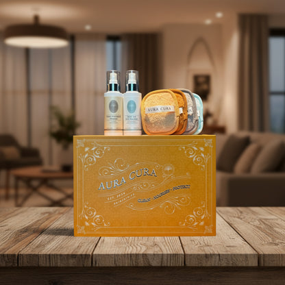 Aura Cura fabirc handbag care products on a decorative box with a gray background