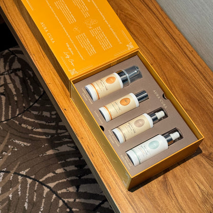 Set of handbag care products in a box on a wooden surface
