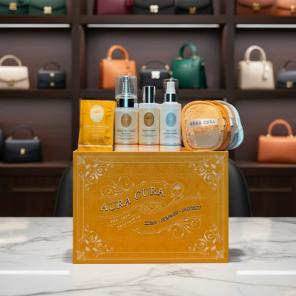 Aura Cura leather handbag care products on an orange box with a gray background